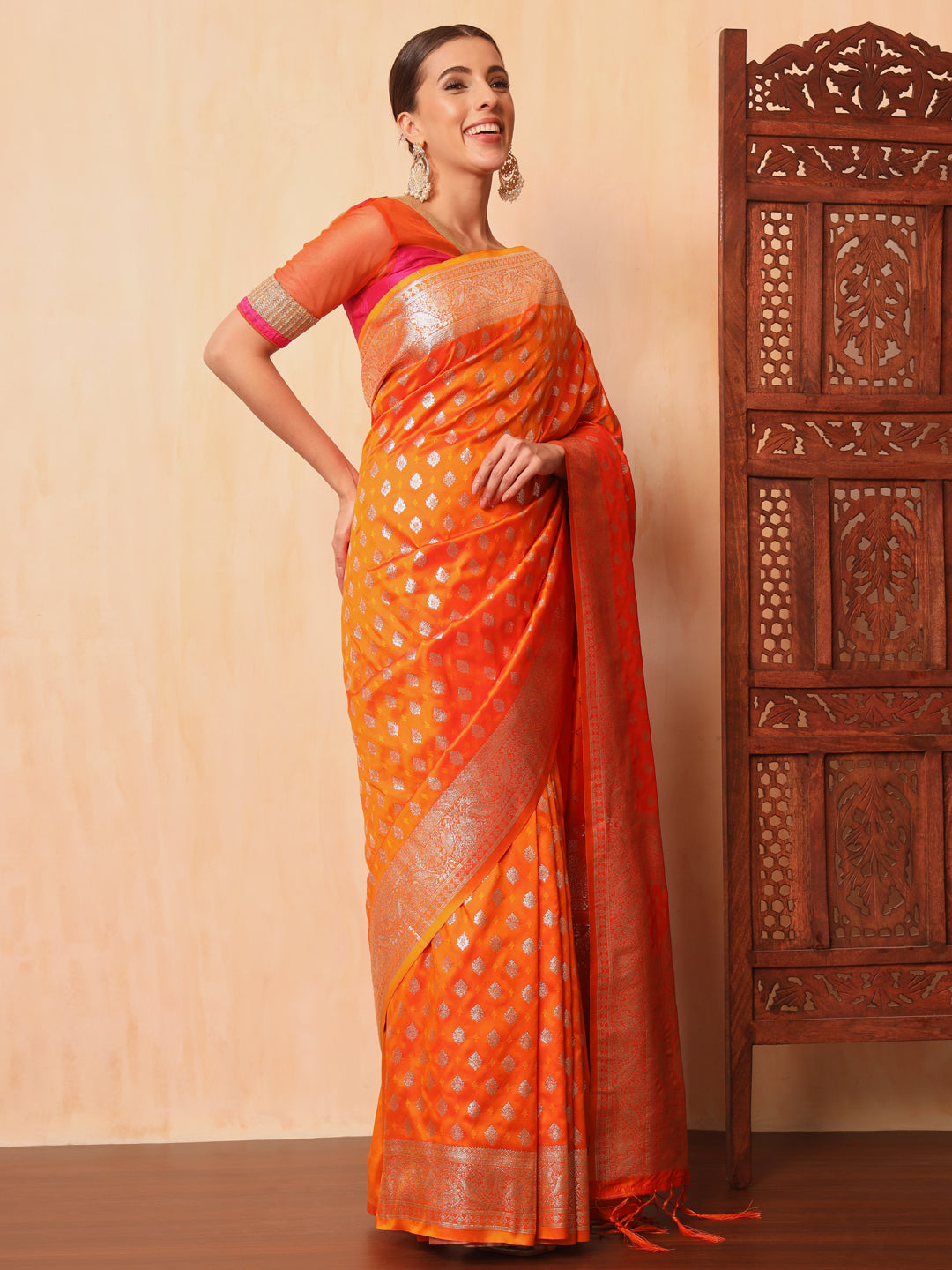 Orange Resham & Zari Woven Traditional Silk Banarasi Saree
