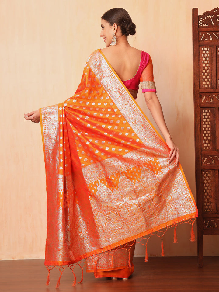 Orange Resham & Zari Woven Traditional Silk Banarasi Saree