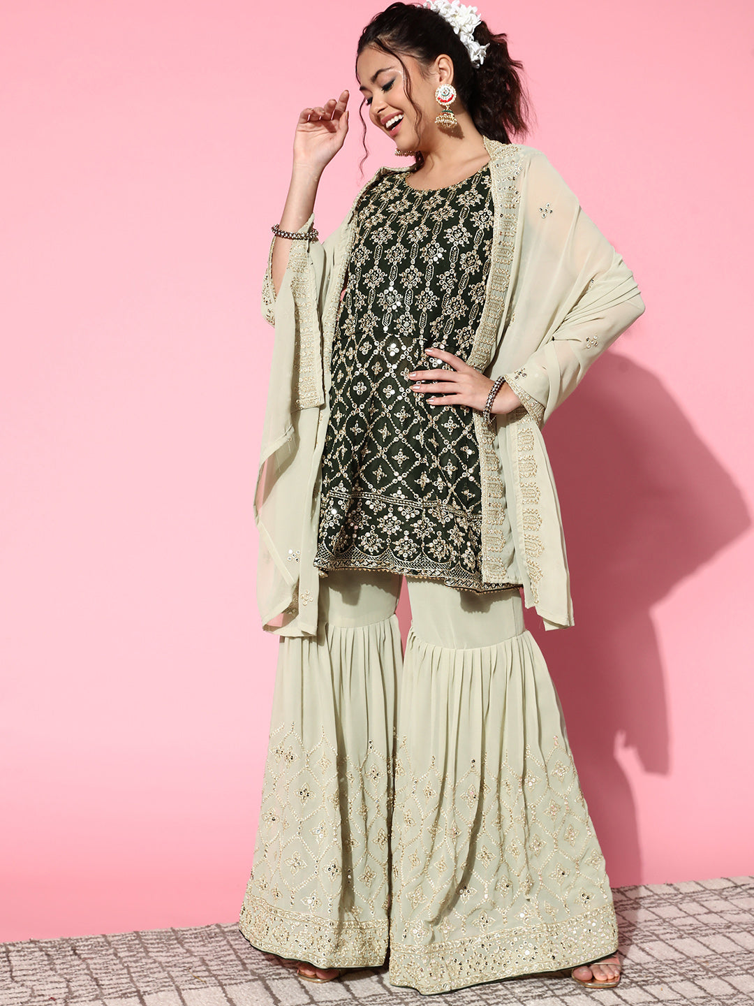 Green Sequin & Zari Embellished Peplum Kurta Sharara Set