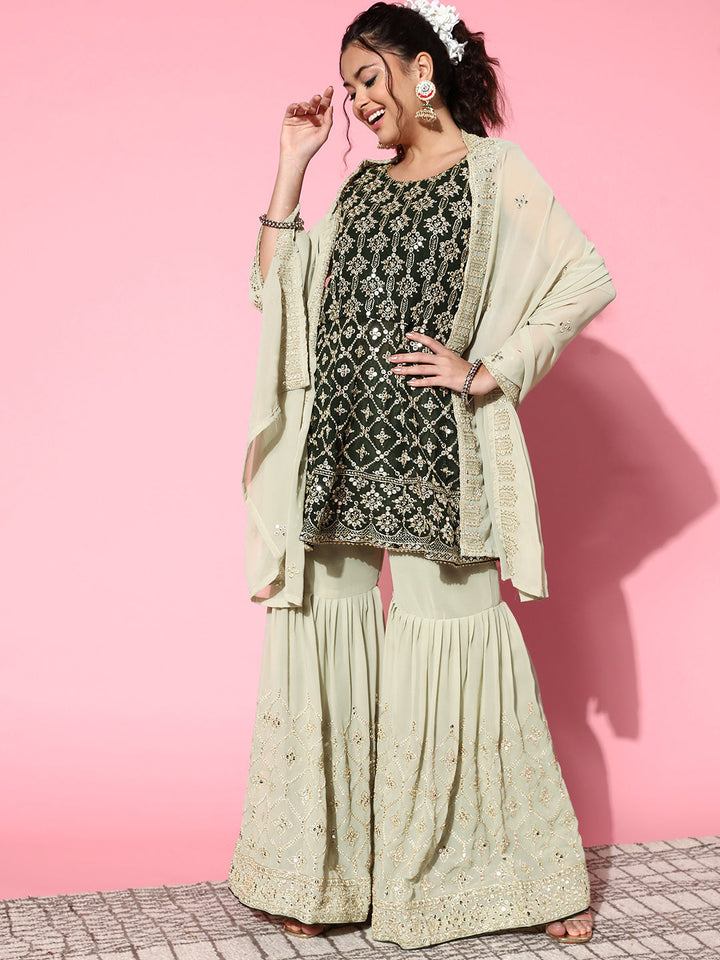 Green Sequin & Zari Embellished Peplum Kurta Sharara Set