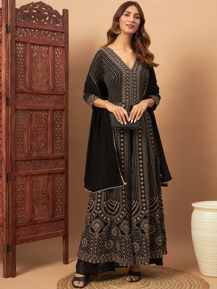 Georgette Floral Resham Embroidered Front Slit Long Kurta with Flared Palazzo
