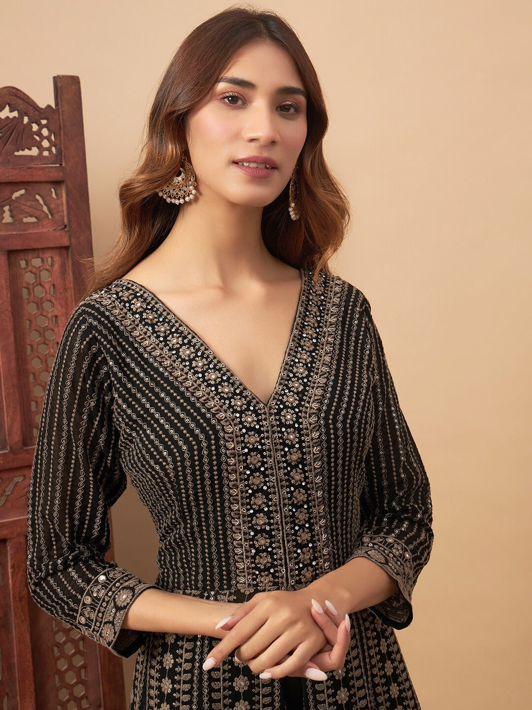 Georgette Floral Resham Embroidered Front Slit Long Kurta with Flared Palazzo