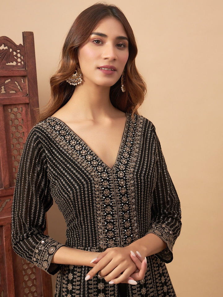 Georgette Floral Resham Embroidered Front Slit Long Kurta with Flared Palazzo