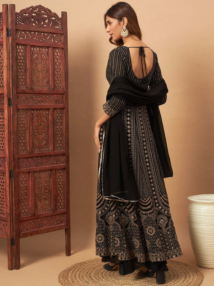 Georgette Floral Resham Embroidered Front Slit Long Kurta with Flared Palazzo