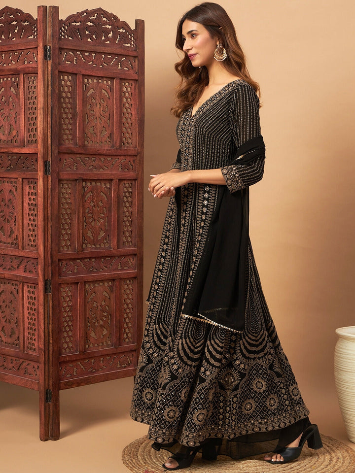 Georgette Floral Resham Embroidered Front Slit Long Kurta with Flared Palazzo
