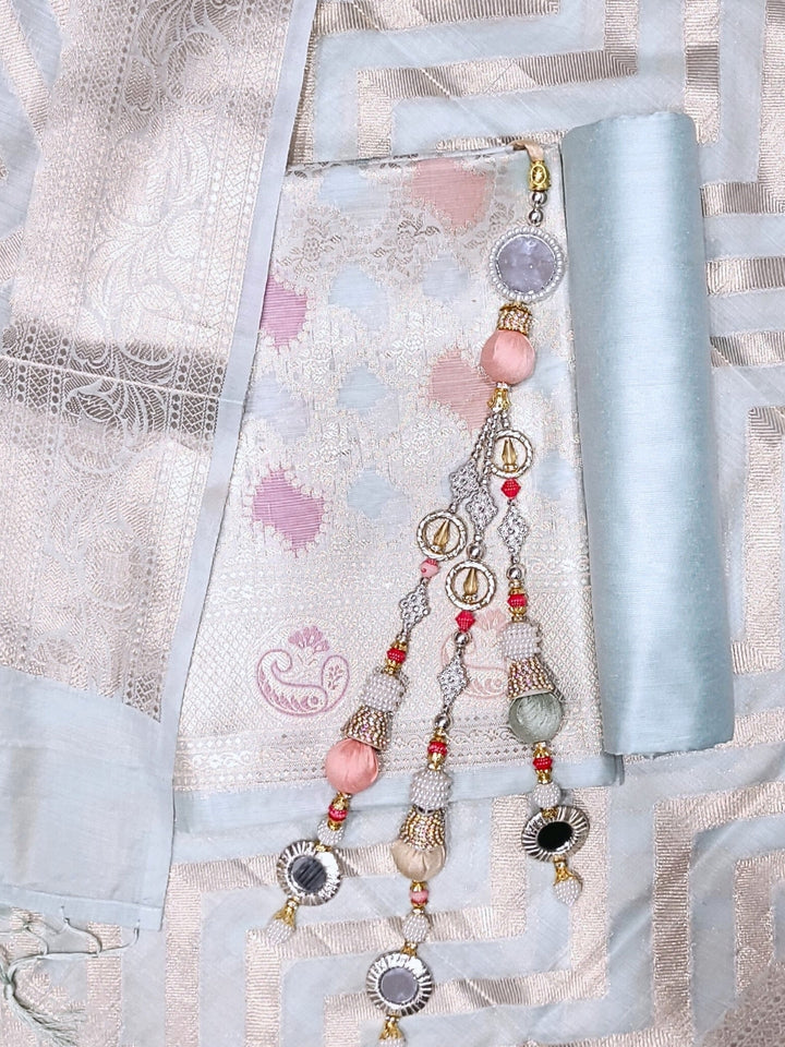 Banarasi Tissue Dress Material with Floral Meenakari Weaving and Striped Jhallar Dupatta