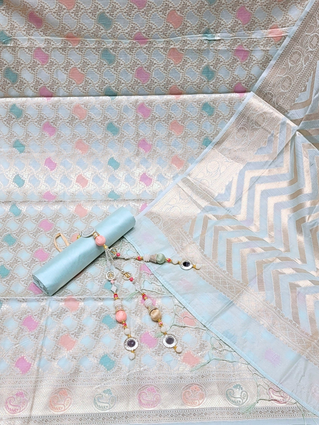 Banarasi Tissue Dress Material with Floral Meenakari Weaving and Striped Jhallar Dupatta