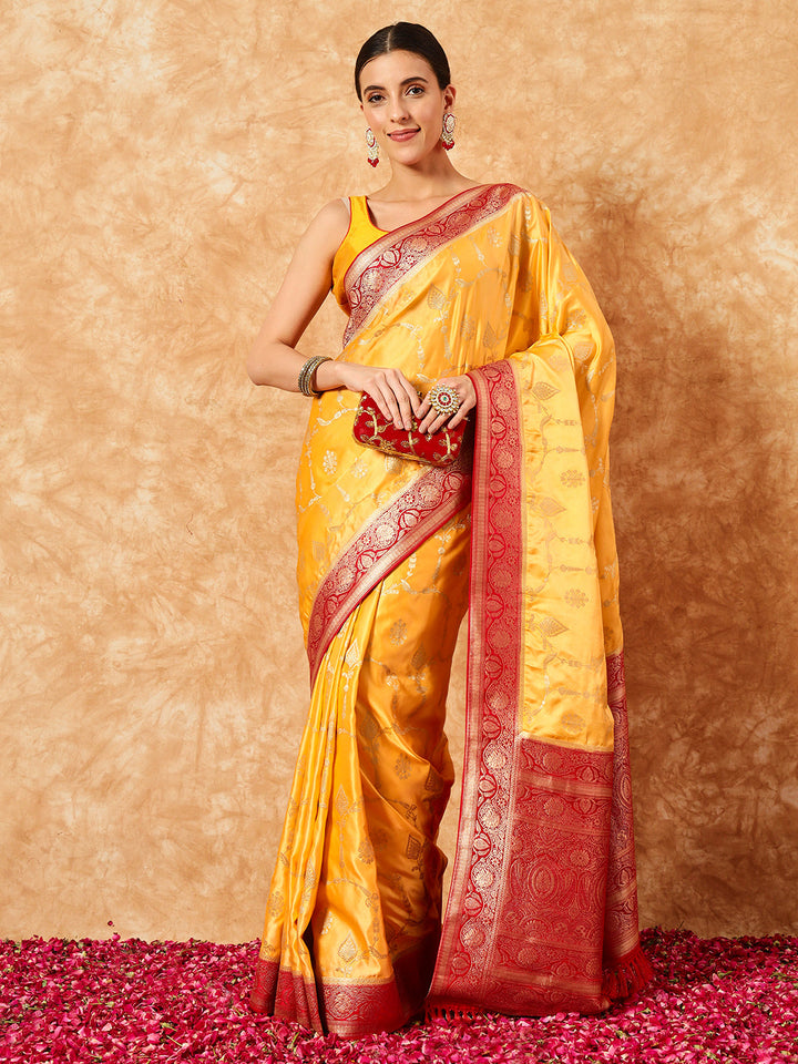 Mustard Banarasi Handloom Silk Saree with Contrast Weaving Border
