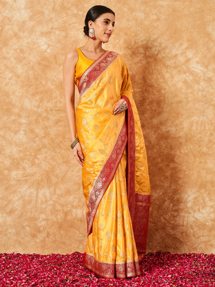 Mustard Banarasi Handloom Silk Saree with Contrast Weaving Border