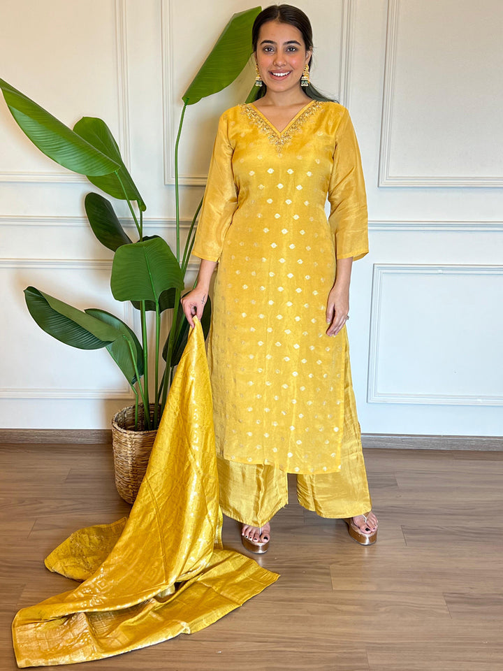 Chhaba 555 Banarasi Handloom Weaving Kurta Set with Zardozi Embroidered Neckline & Floral Motifs