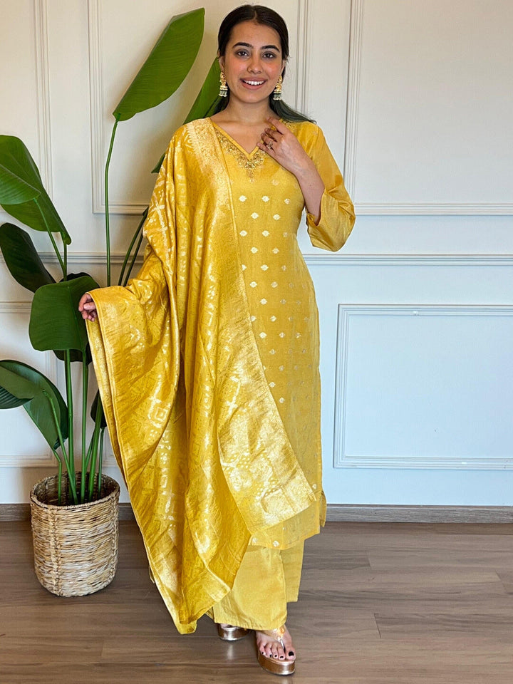 Chhaba 555 Banarasi Handloom Weaving Kurta Set with Zardozi Embroidered Neckline & Floral Motifs