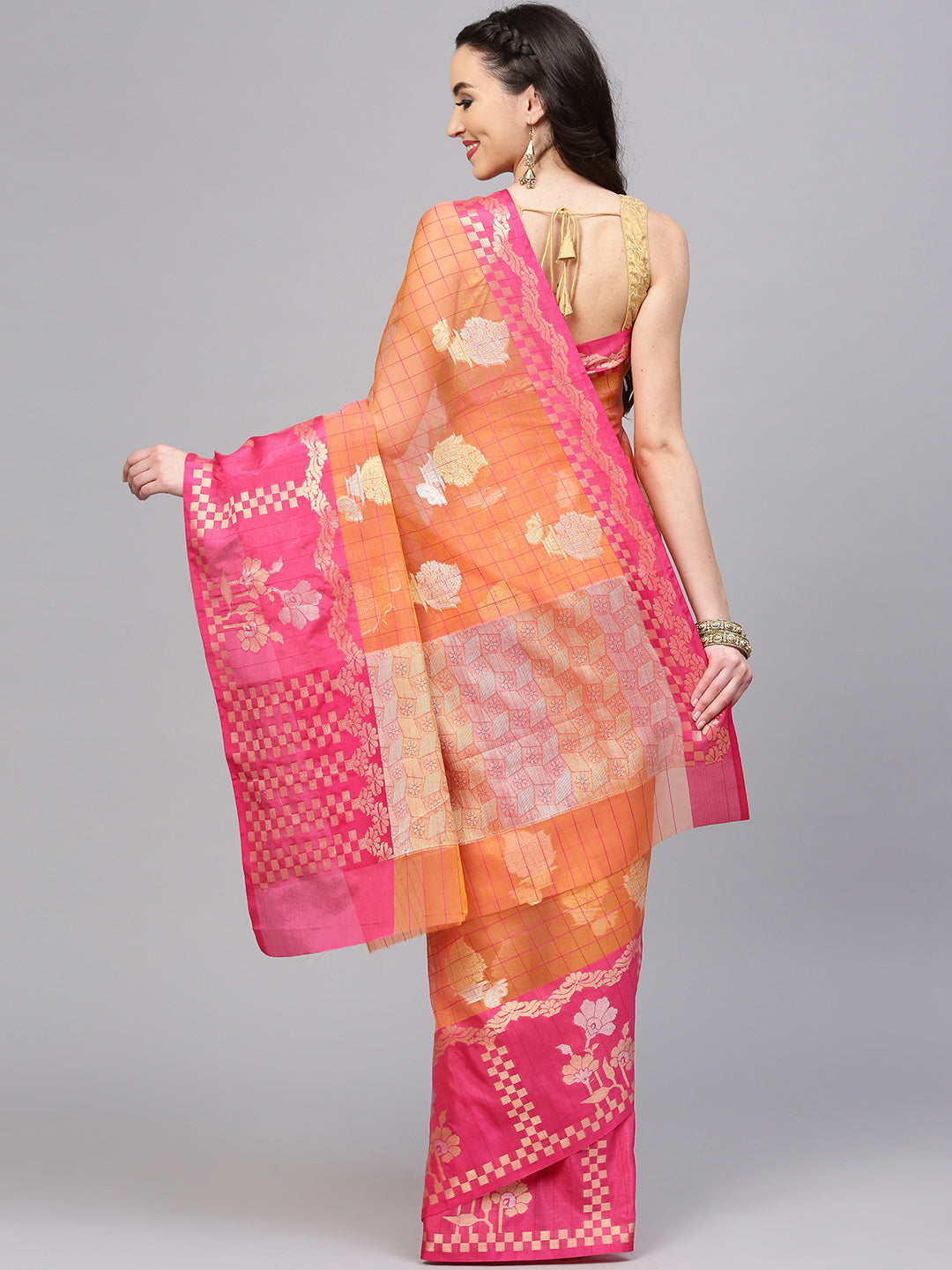 Checked Chanderi Banarasi saree with Zari Woven Flowers