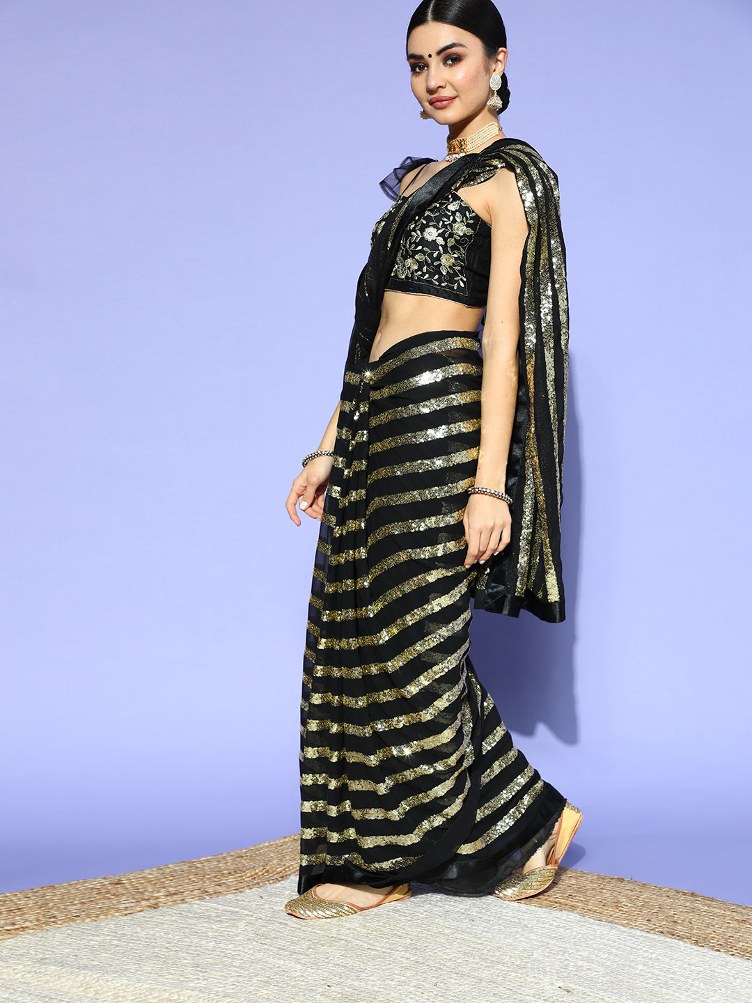 Black Stripes Sequinned Bling Embellished Designer Georgette Saree