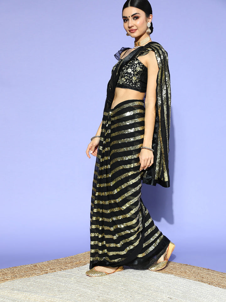 Black Stripes Sequinned Bling Embellished Designer Georgette Saree