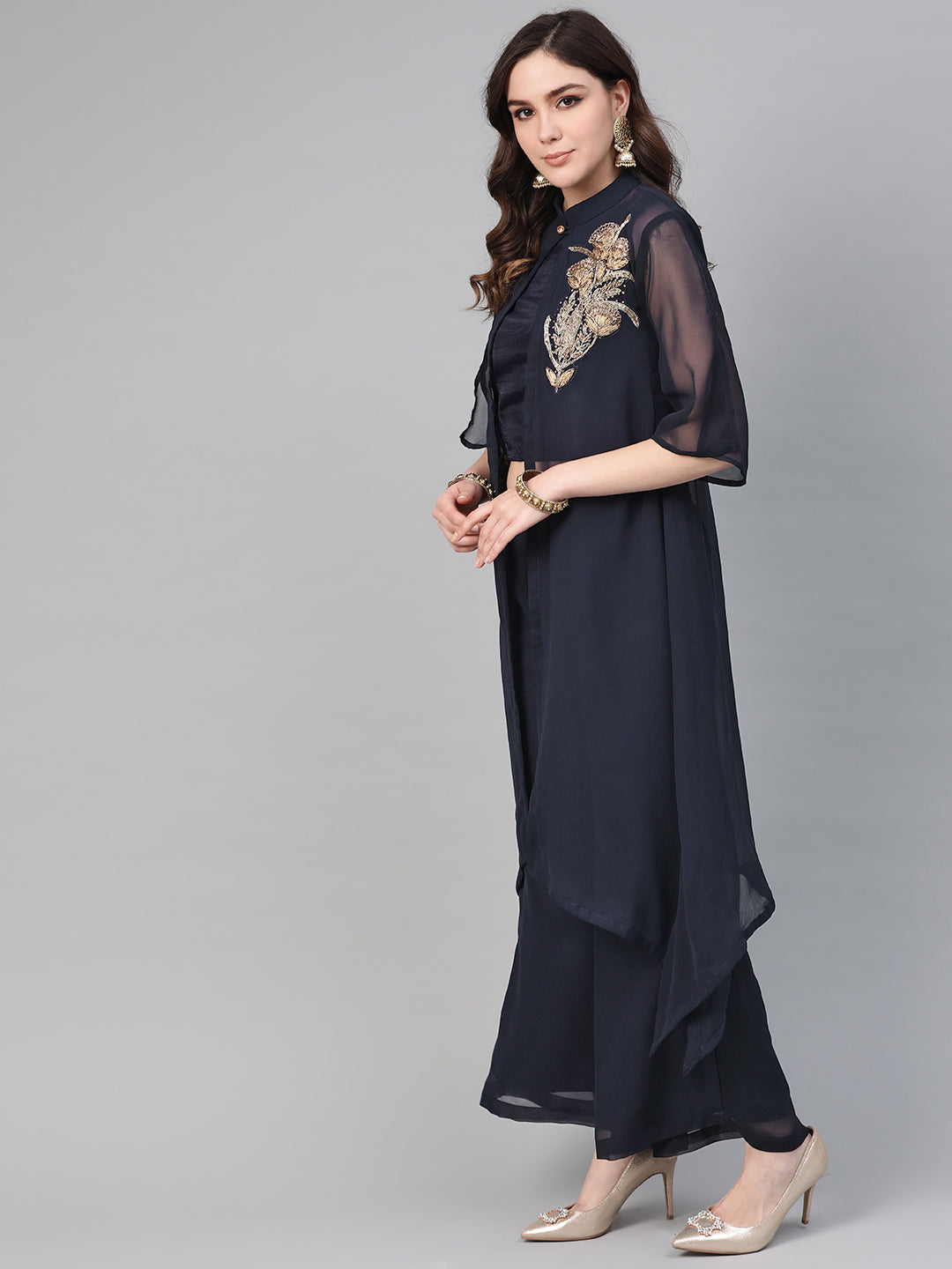 Crop Top Pallazo Set with Embroidered front open jacket