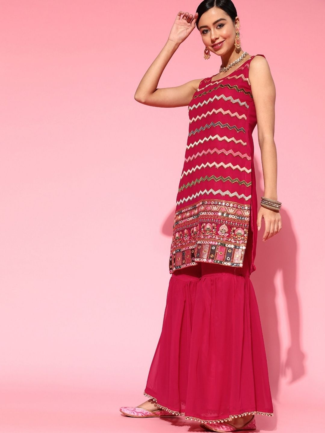 Made to Measure Resham Mirror Embroidery Sharara Suit Set & Beads Embellished Dupatta