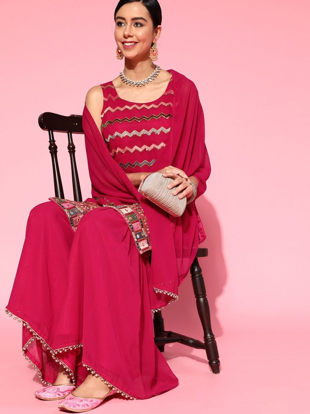 Made to Measure Resham Mirror Embroidery Sharara Suit Set & Beads Embellished Dupatta