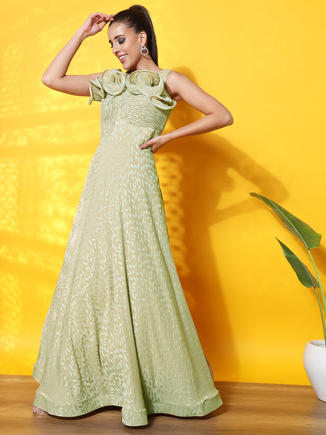 Textured Flowy Cocktail Gown with Structured Ruffled Yoke