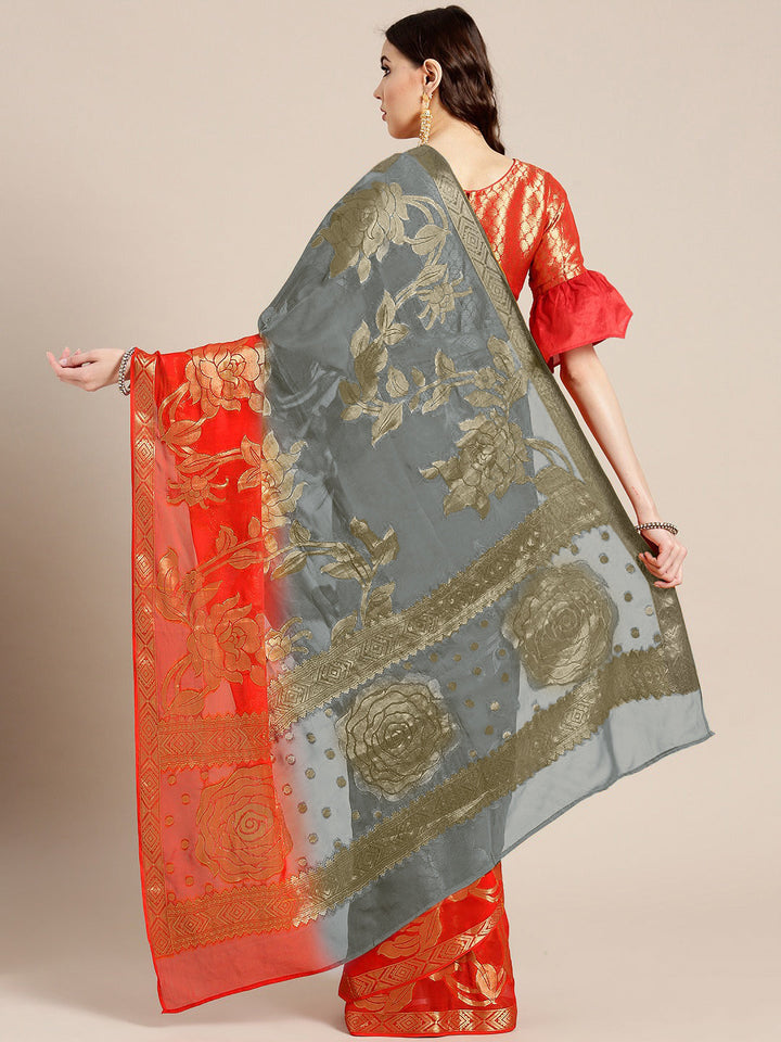 Grey & Red Ombre Khaddi Georgette Saree with Floral Zari Weaving