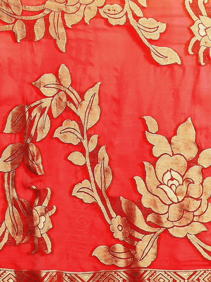 Grey & Red Ombre Khaddi Georgette Saree with Floral Zari Weaving