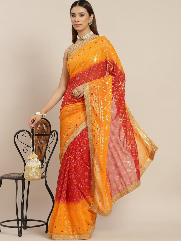 Mustard Red Ombre Bandhej Foil Printed Georgette Bridal Jaipuri Saree