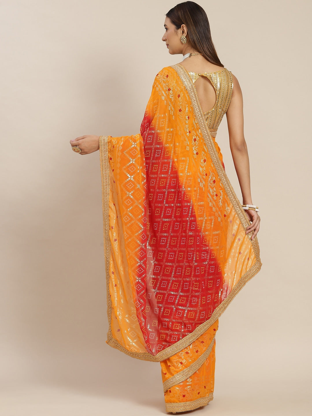 Mustard Red Ombre Bandhej Foil Printed Georgette Bridal Jaipuri Saree