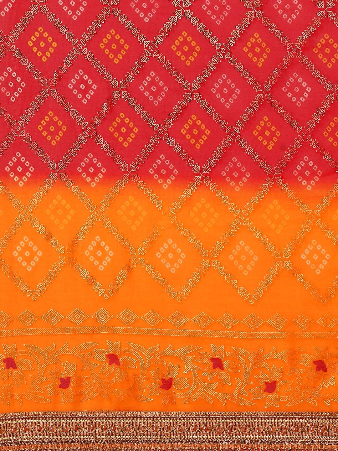 Mustard Red Ombre Bandhej Foil Printed Georgette Bridal Jaipuri Saree