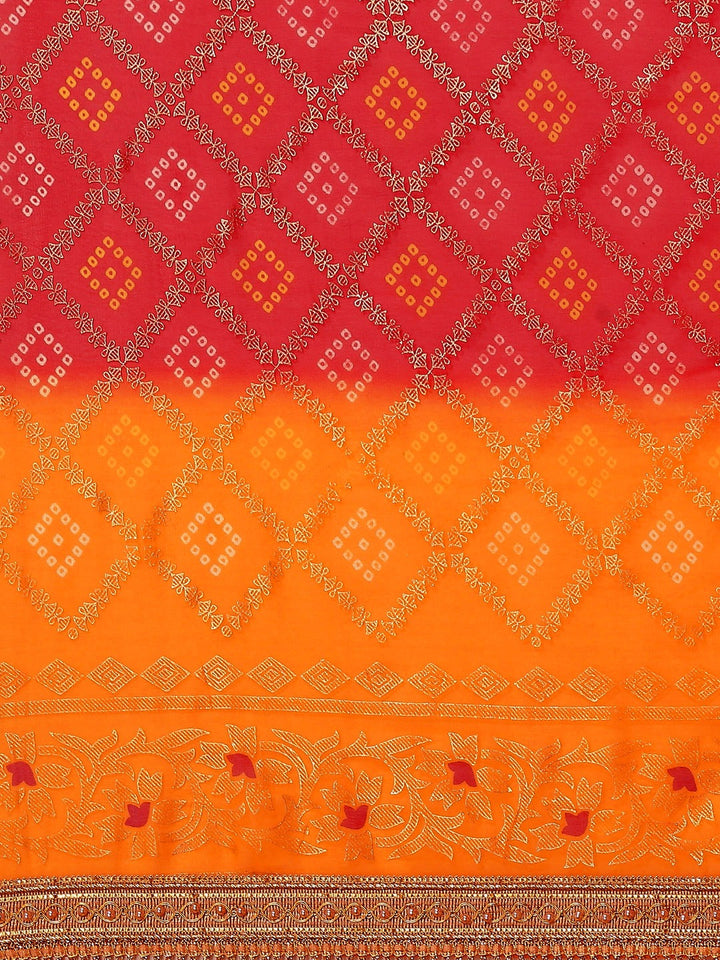 Mustard Red Ombre Bandhej Foil Printed Georgette Bridal Jaipuri Saree