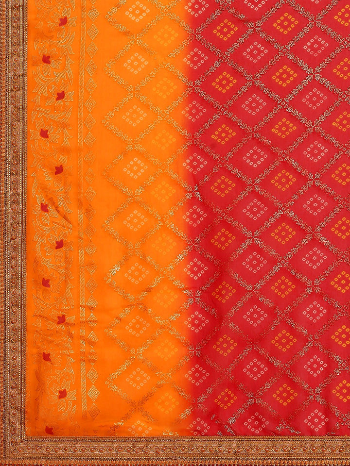 Mustard Red Ombre Bandhej Foil Printed Georgette Bridal Jaipuri Saree