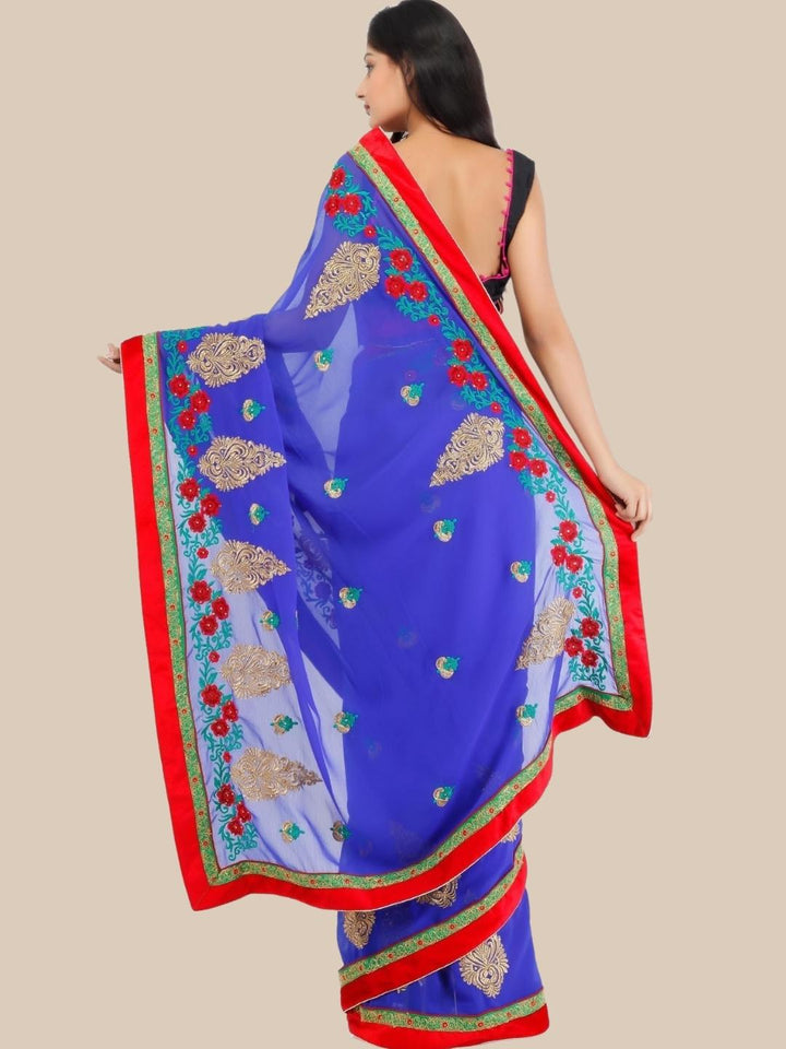 Royal Blue Georgette Sare with Zari Resham Floral Embroidery