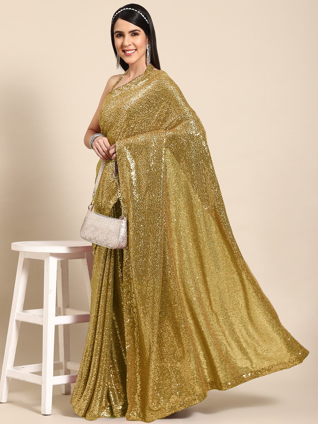 Metallic Gold Sequin Embellished Bling Lycra Cocktail Saree