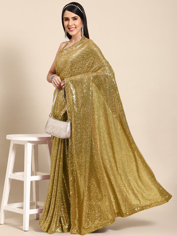 Metallic Gold Sequin Embellished Bling Lycra Cocktail Saree