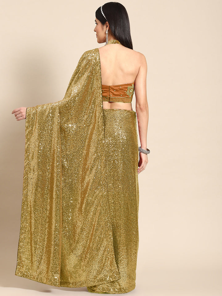 Metallic Gold Sequin Embellished Bling Lycra Cocktail Saree