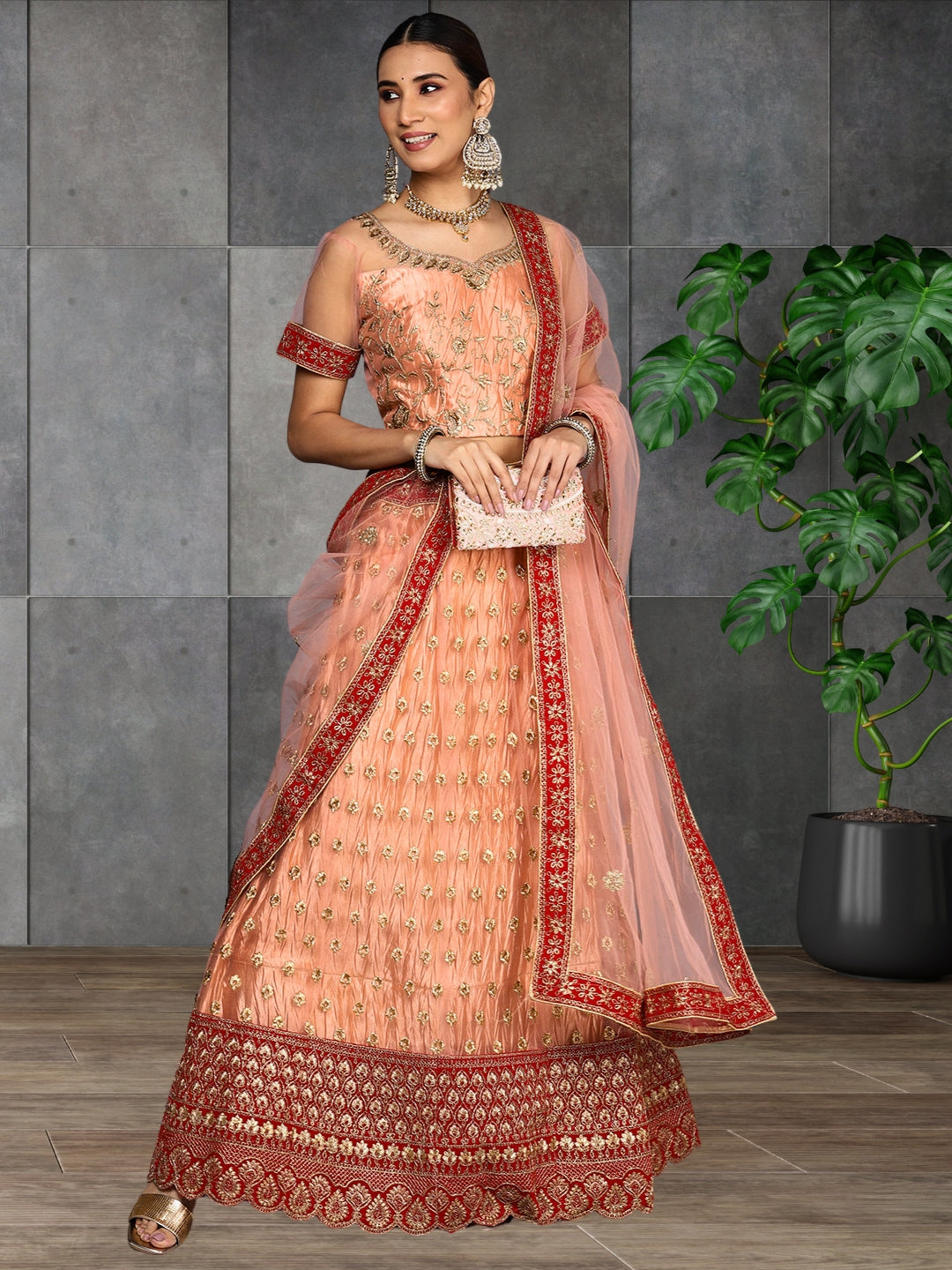 Ethnic Embroidery Net Pleated Lehenga Set & Velvet Cut-Work Border