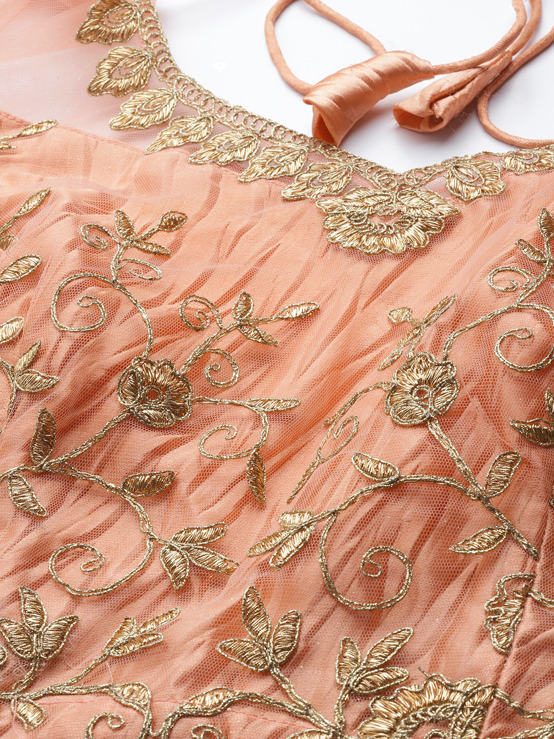 Ethnic Embroidery Net Pleated Lehenga Set & Velvet Cut-Work Border
