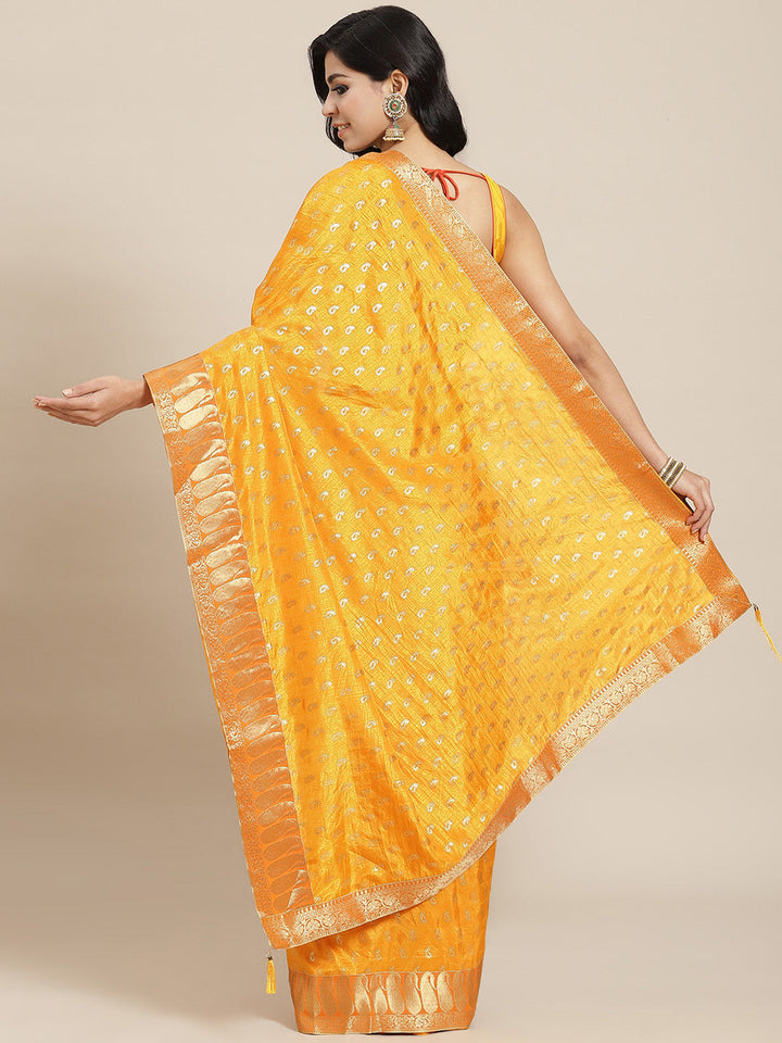 Mustard Foil Printed Saree with Brocade Zari Borders & Paisley motifs