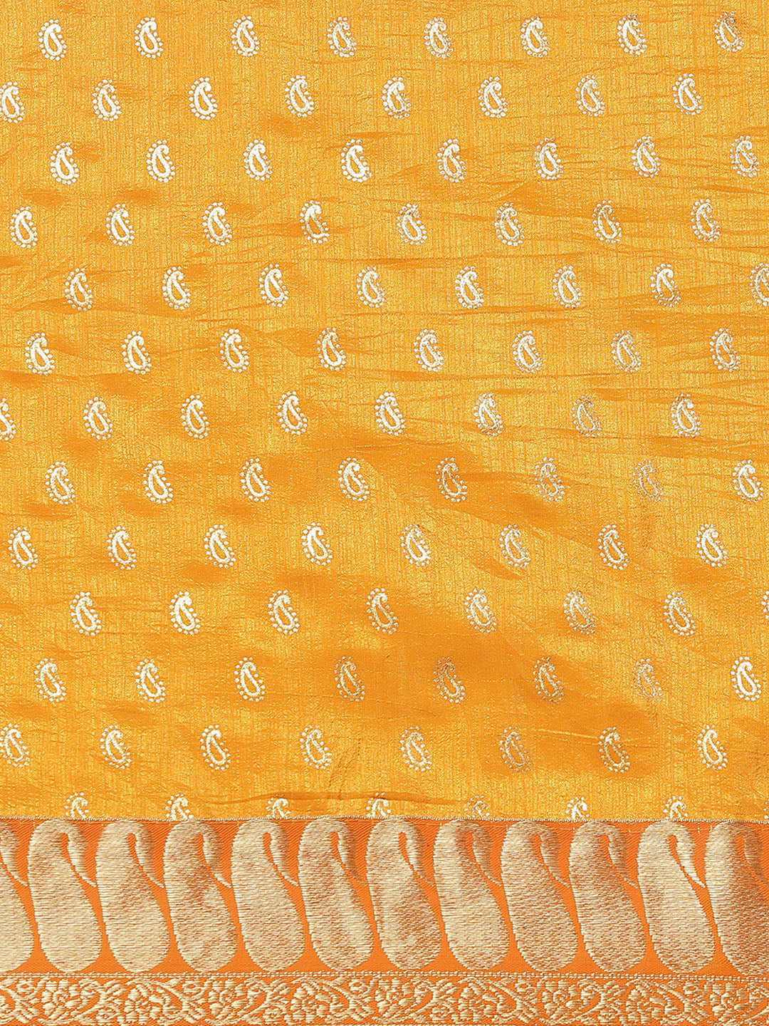 Mustard Foil Printed Saree with Brocade Zari Borders & Paisley motifs