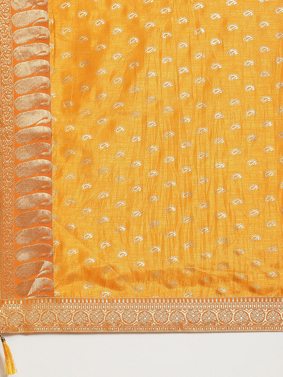 Mustard Foil Printed Saree with Brocade Zari Borders & Paisley motifs