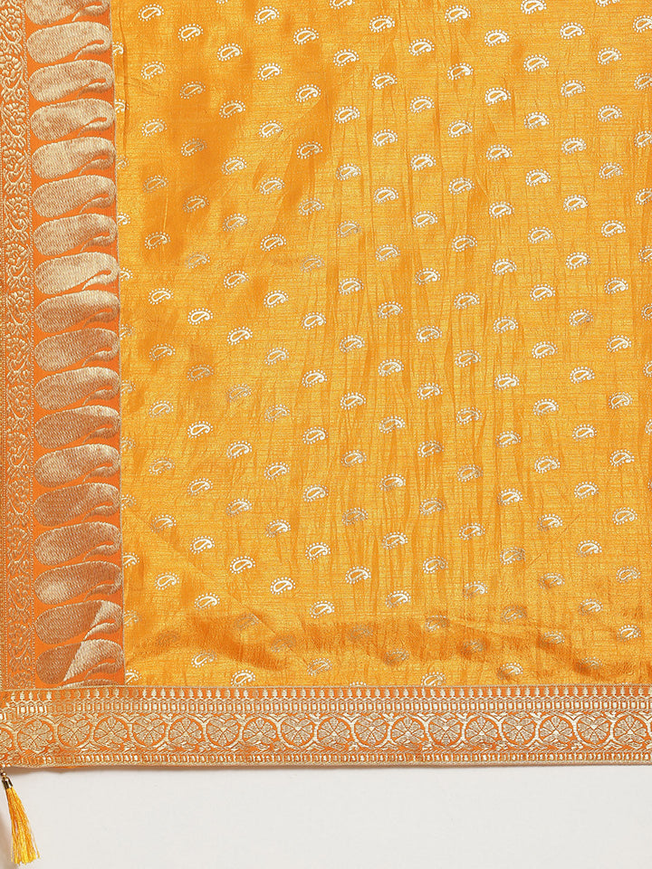 Mustard Foil Printed Saree with Brocade Zari Borders & Paisley motifs