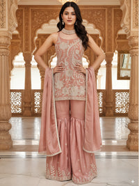 Bead Embroidered Chinon Kurta Sharara Set with Halter Neckline & Mirror Work Dupatta