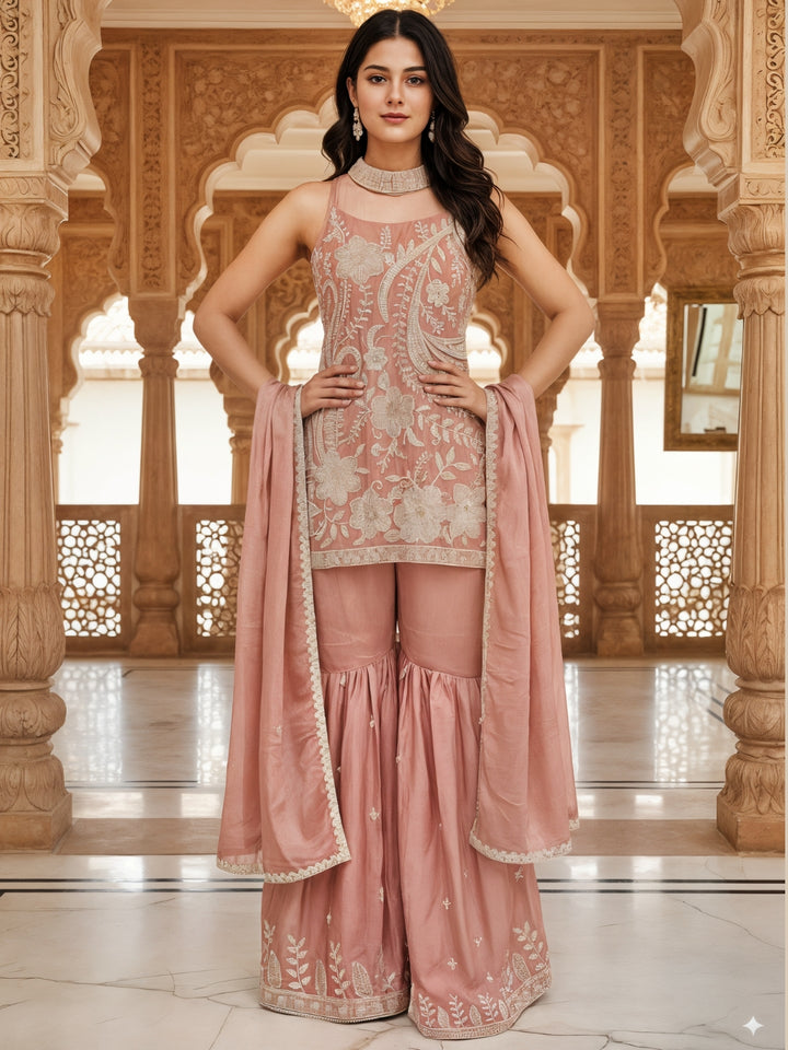 Bead Embroidered Chinon Kurta Sharara Set with Halter Neckline & Mirror Work Dupatta