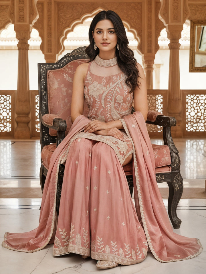 Bead Embroidered Chinon Kurta Sharara Set with Halter Neckline & Mirror Work Dupatta