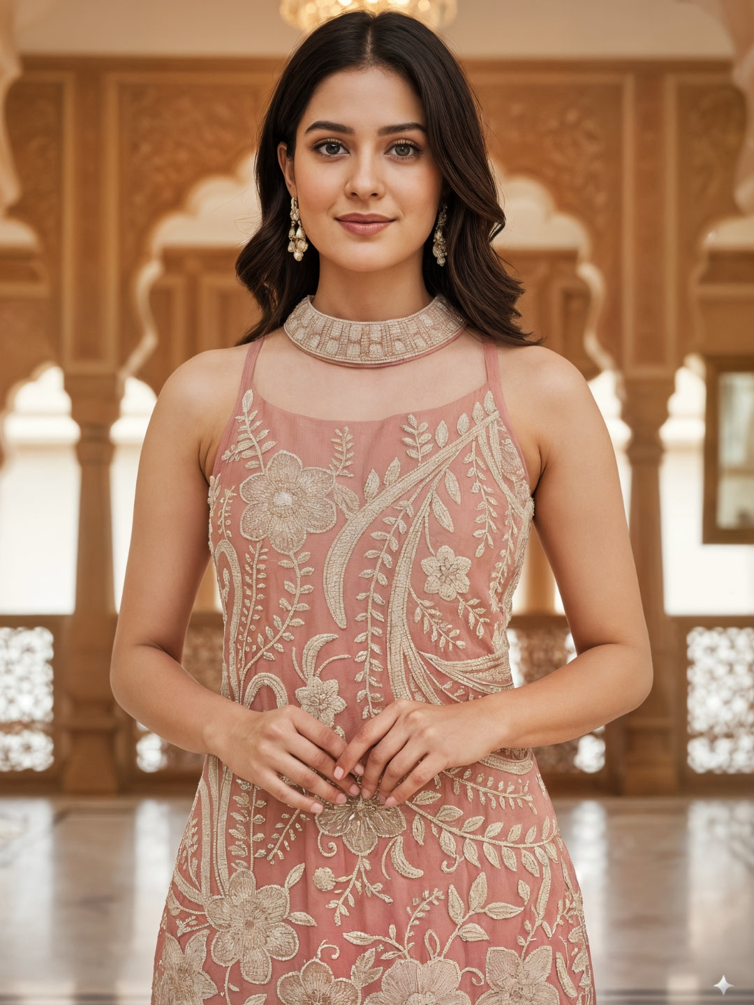 Bead Embroidered Chinon Kurta Sharara Set with Halter Neckline & Mirror Work Dupatta