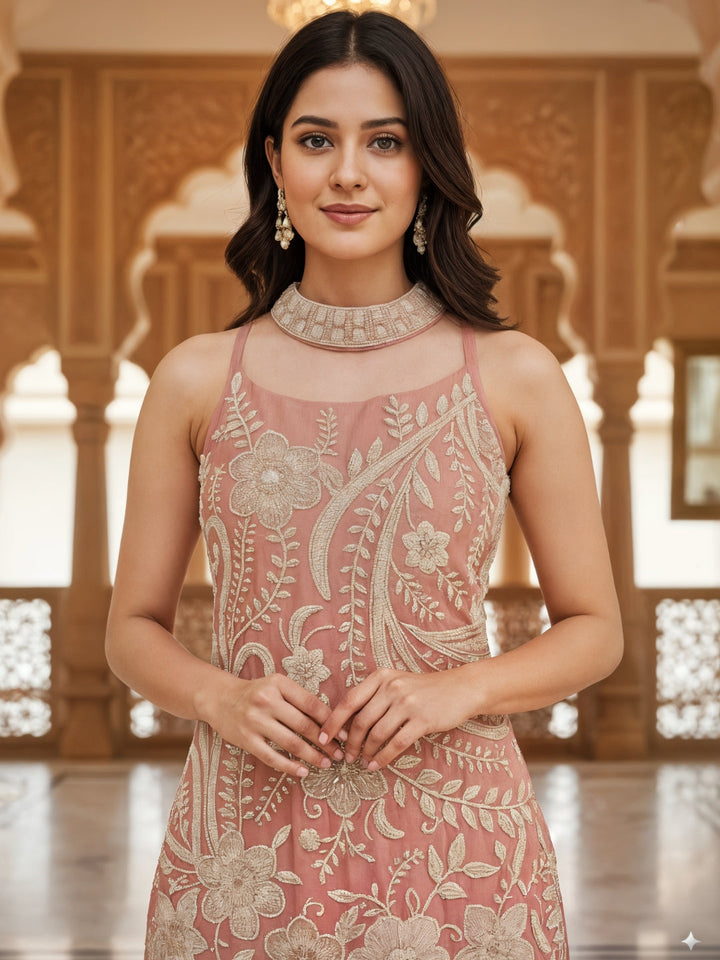 Bead Embroidered Chinon Kurta Sharara Set with Halter Neckline & Mirror Work Dupatta