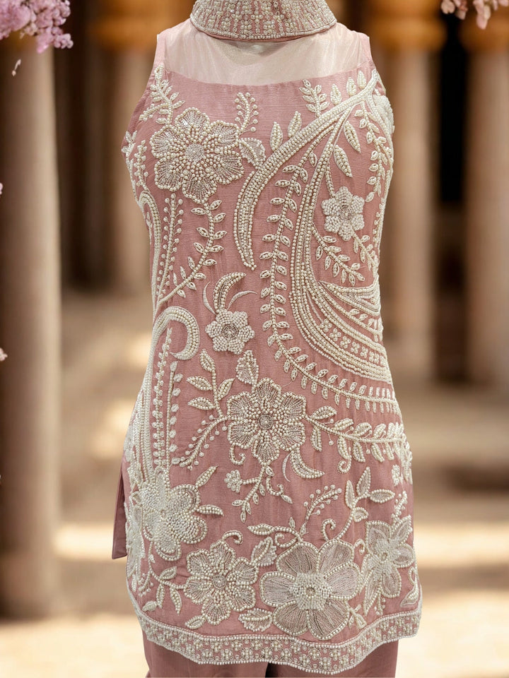 Bead Embroidered Chinon Kurta Sharara Set with Halter Neckline & Mirror Work Dupatta