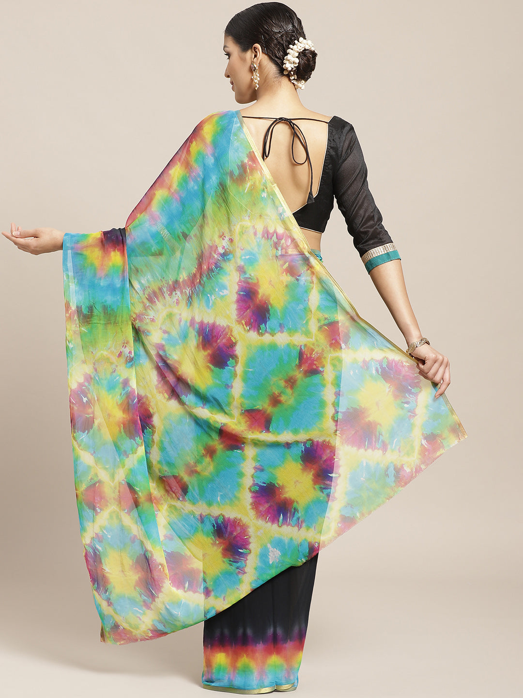 Chiffon Bandhani Saree with Jaipur Leheriya Multicolor Print and Zari Gold Border