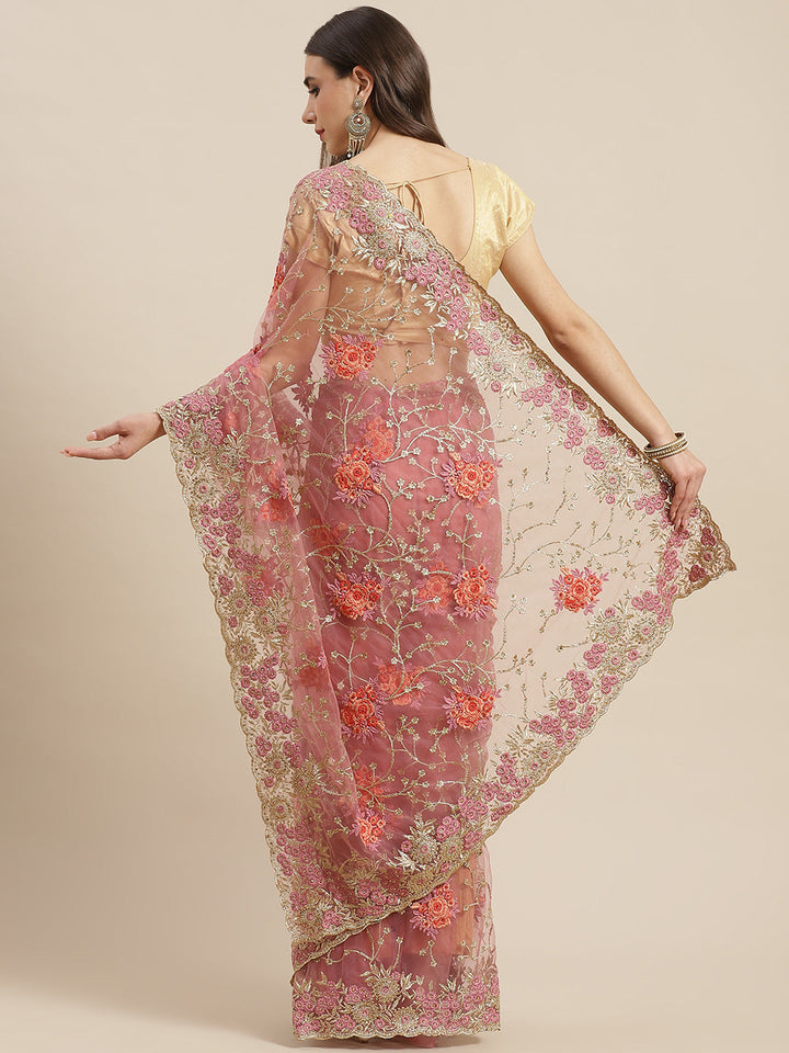 Pastel Thread Embroidered Net Saree With Stone Work & Cutwork Border