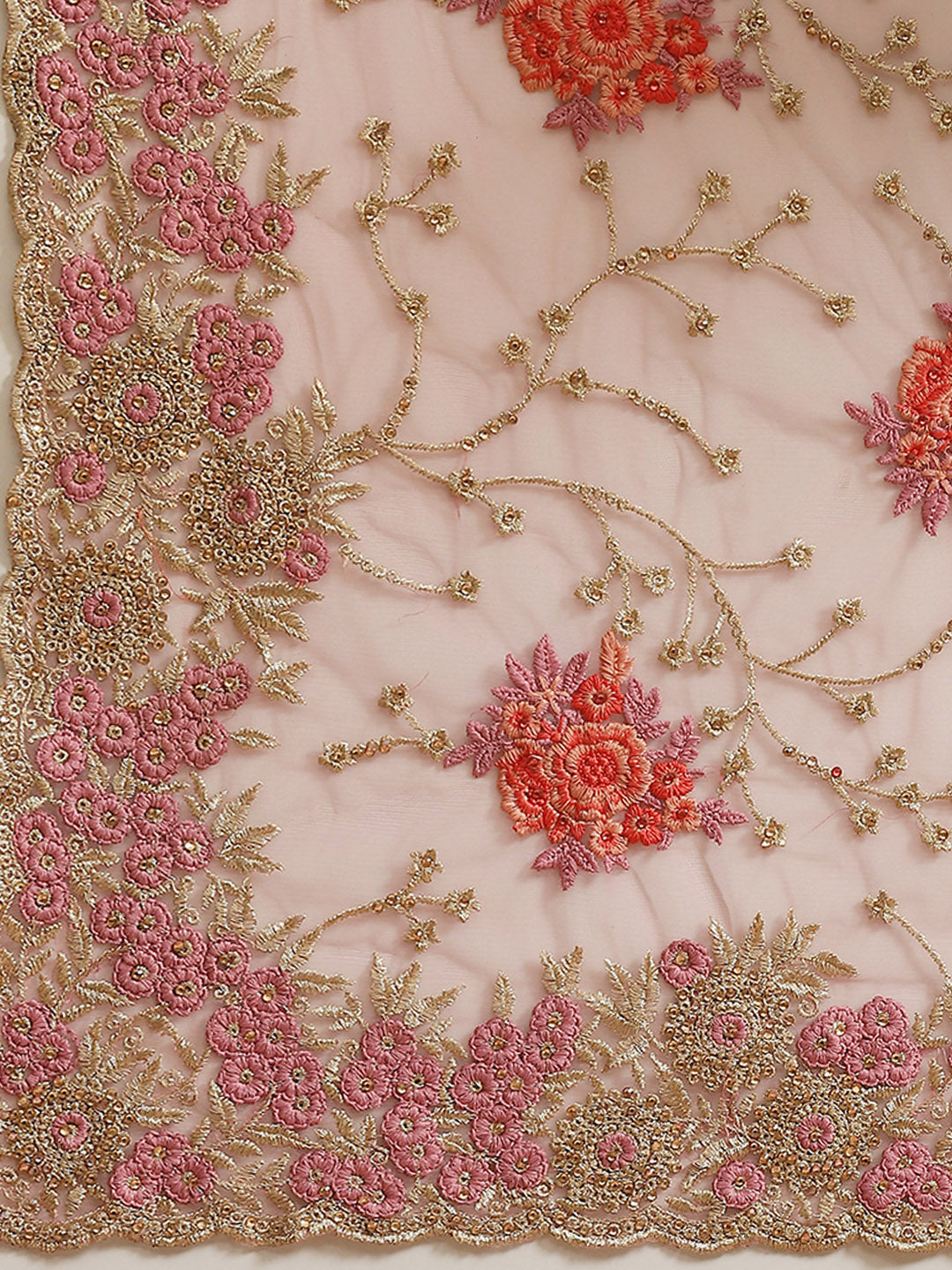Pastel Thread Embroidered Net Saree With Stone Work & Cutwork Border