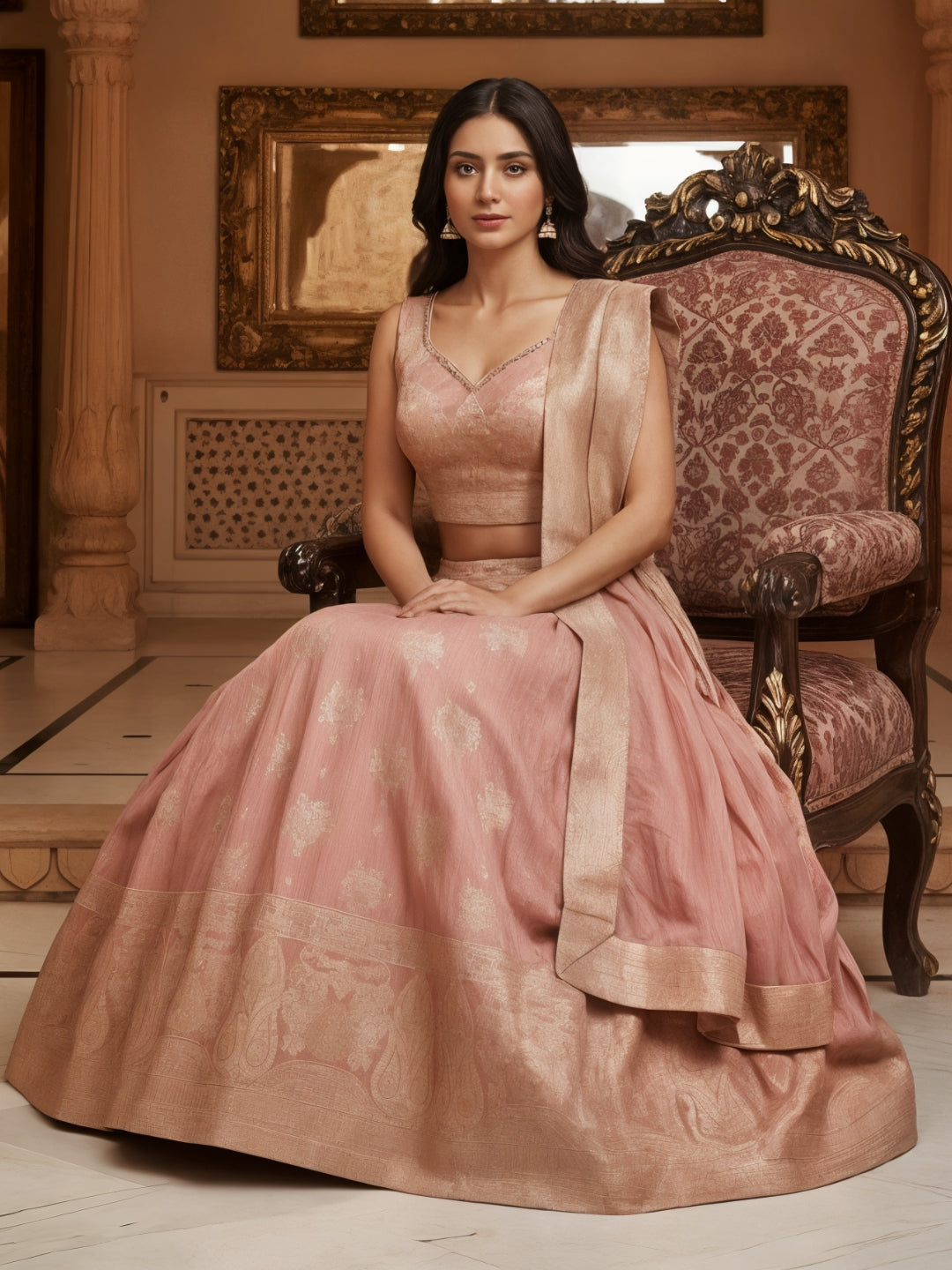 Dusty Pink Banarasi Silk Lehenga Choli Set with Zari Woven Mughal Paisley Motifs