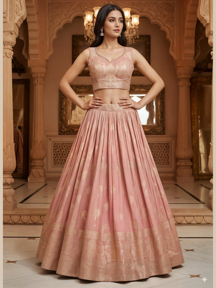 Dusty Pink Banarasi Silk Lehenga Choli Set with Zari Woven Mughal Paisley Motifs